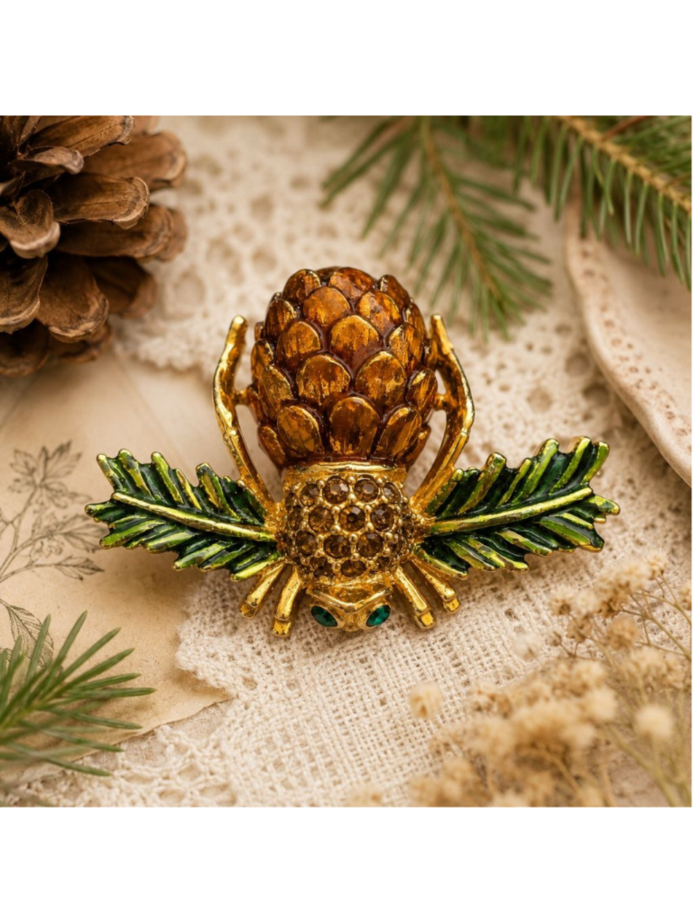 Vintage Joan Rivers Bee Brooch Pinecone Evergreen Wings Rhinestone Eyes Signed
